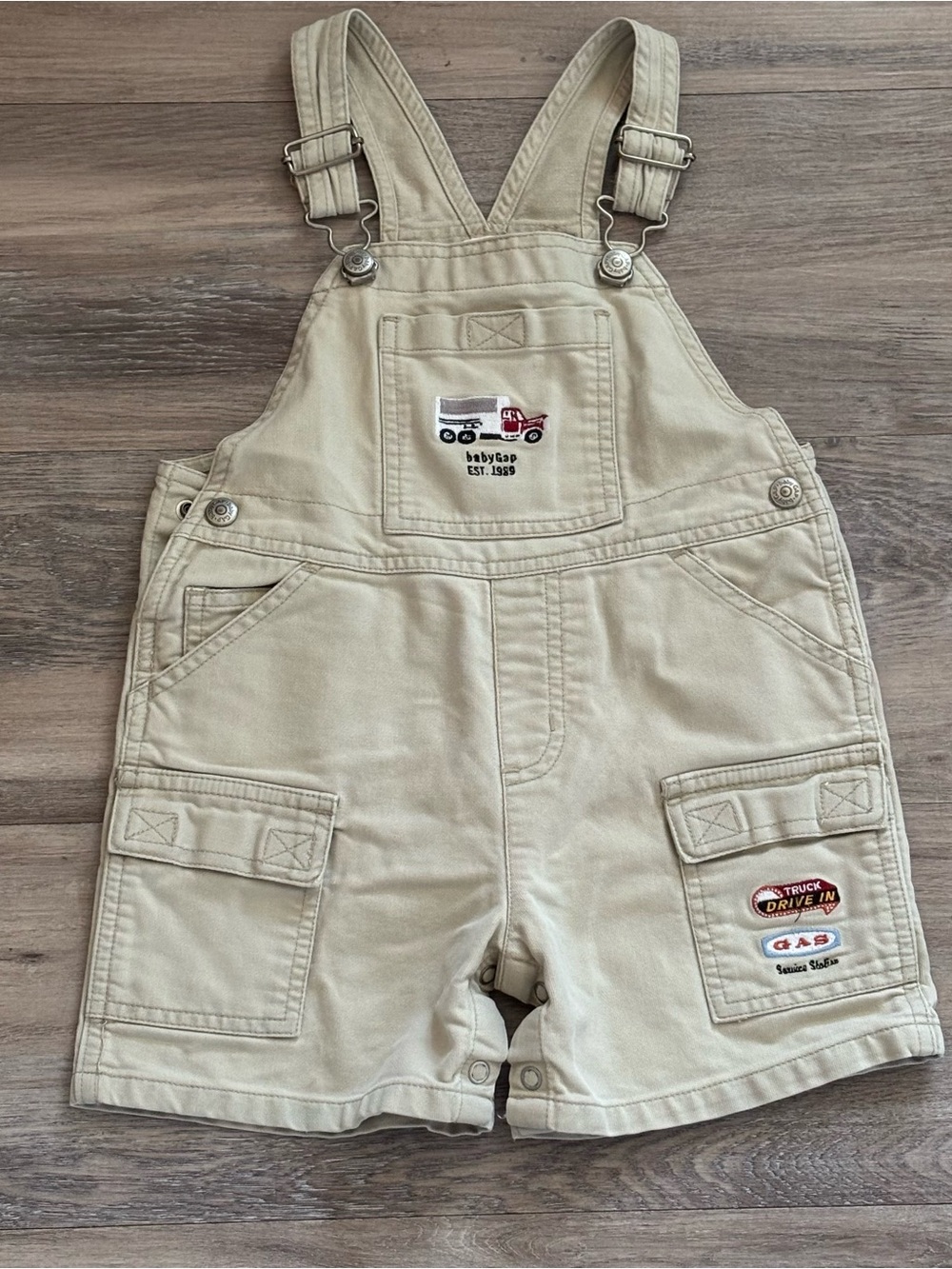 Vintage 90’s Y2K baby gap truck themed khaki cargo shortalls overalls 2t 2XL